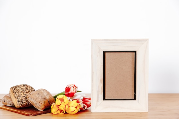 Arranged photo frame and breakfast decor