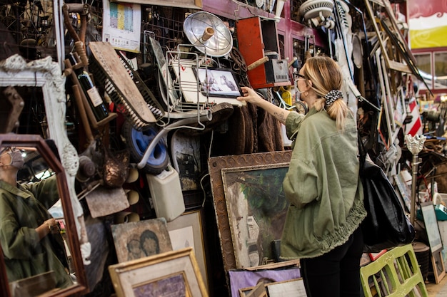 Arrangement of antiques market objects