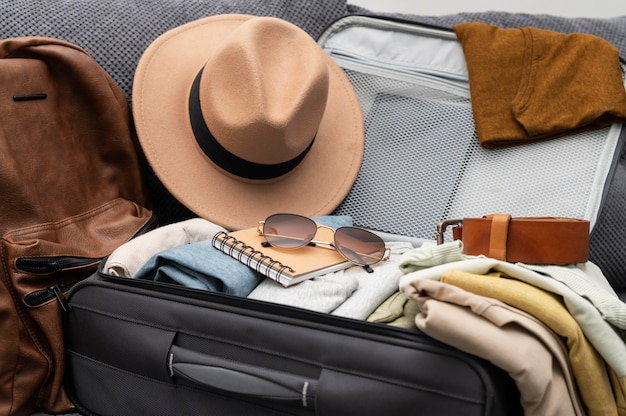 Free photo arrangement of clothes and accessories in a suitcase