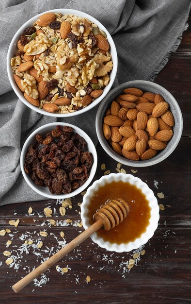 Arrangement of delicious ingredients in the kitchen