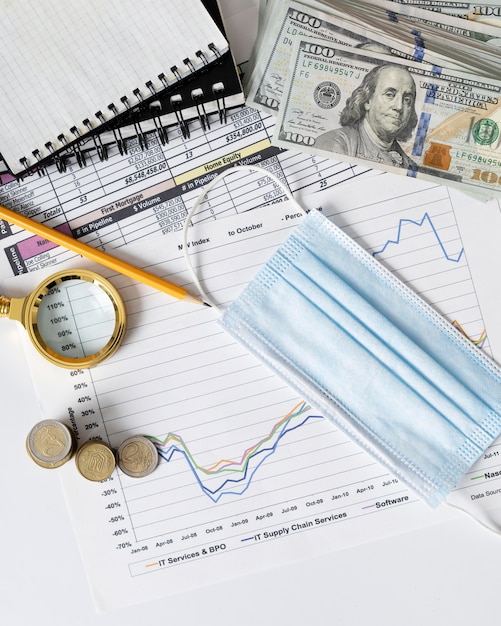 Arrangement of finances elements and graph with medical mask