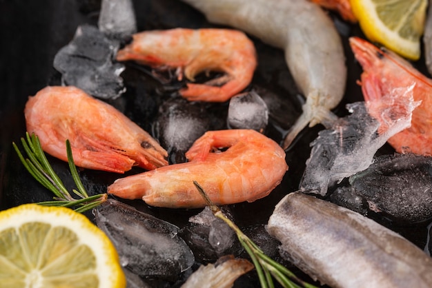 Free photo arrangement of frozen sea food on the table