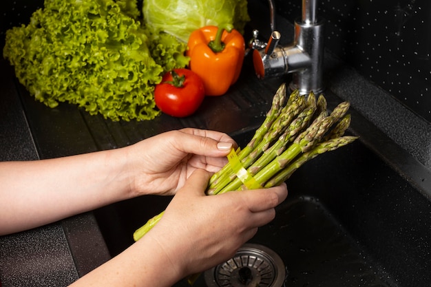 Arrangement of healthy food being washed