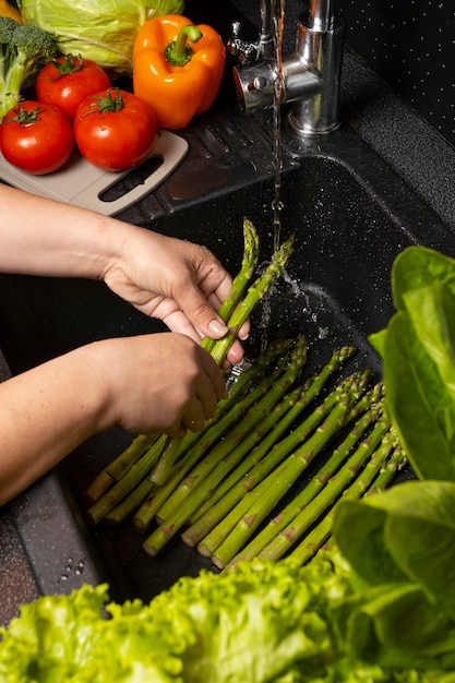 Arrangement of healthy food being washed