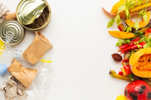 Free photo arrangement of leftover wasted food cans and veggies