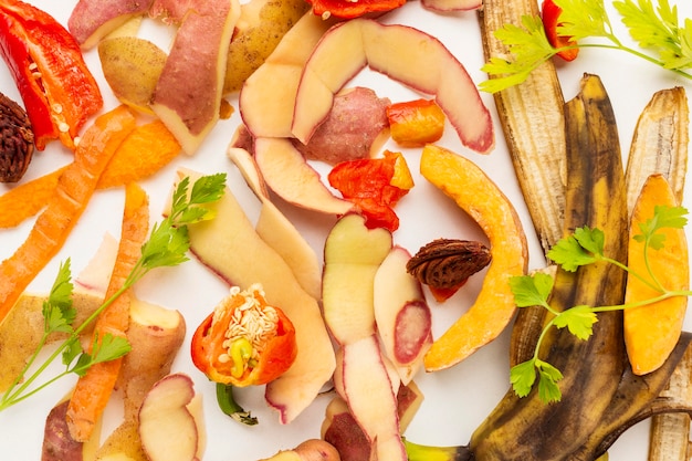 Arrangement of leftover wasted food peeled veggies