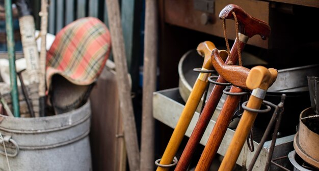 Arrangement of old objects in an antiques market