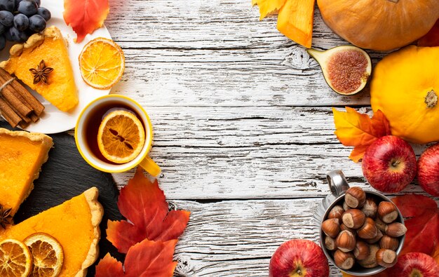 Arrangement of pumpkin pie and fruit