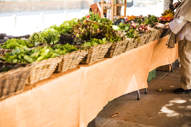 Arrangement of vegetable basket in a row at local street market