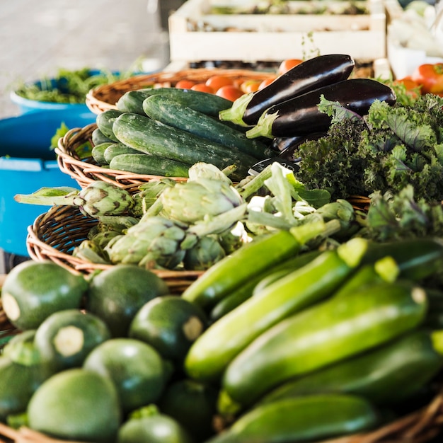 Arrangement of vegetable in wicker basket at market