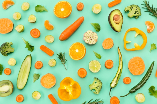 Arrangement of veggies and fruit top view