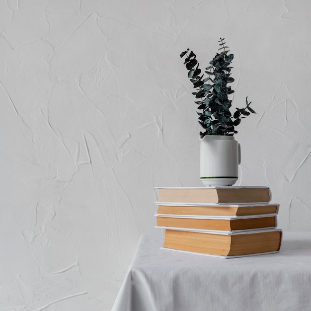 Free photo arrangement with books stack and plant