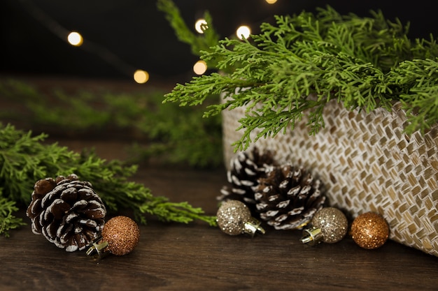 Arrangement with christmas tree twigs and cones