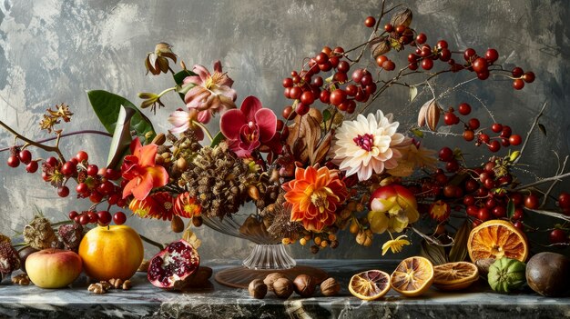 Arrangement with decorative dried fruits and vegetables