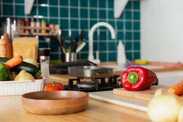 Arrangement with food in kitchen