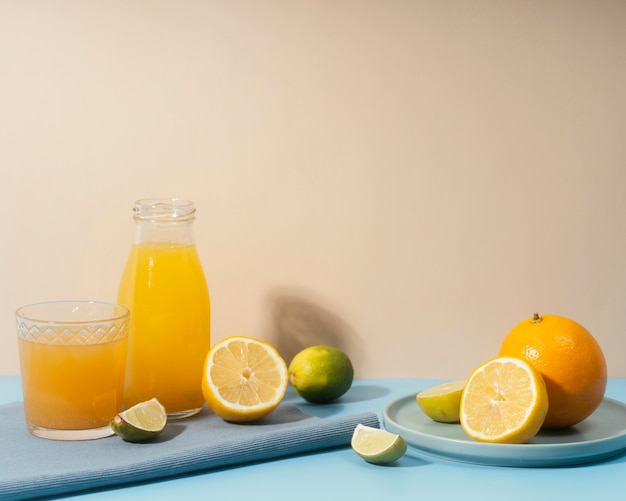 Arrangement with fruits and drinks