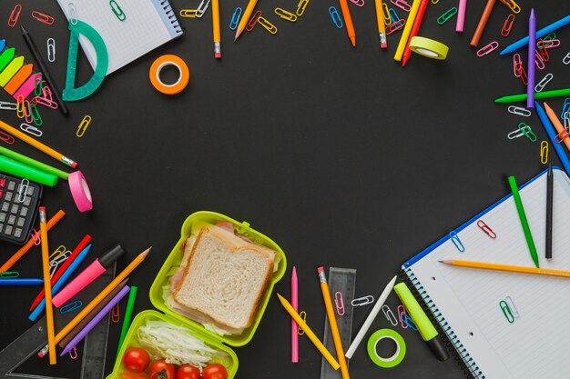 Arrangement with school supplies and snack