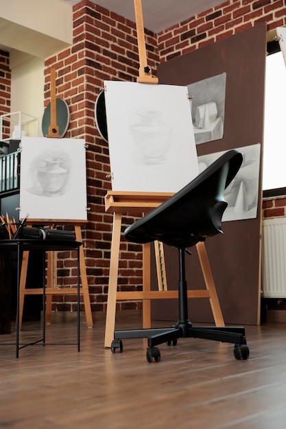 Free photo art classroom interior with easels and drawing tools, nobody. sketching classes and workshops in fine art for adults, sketch artworks in empty artist studio. hobby to develop creativity