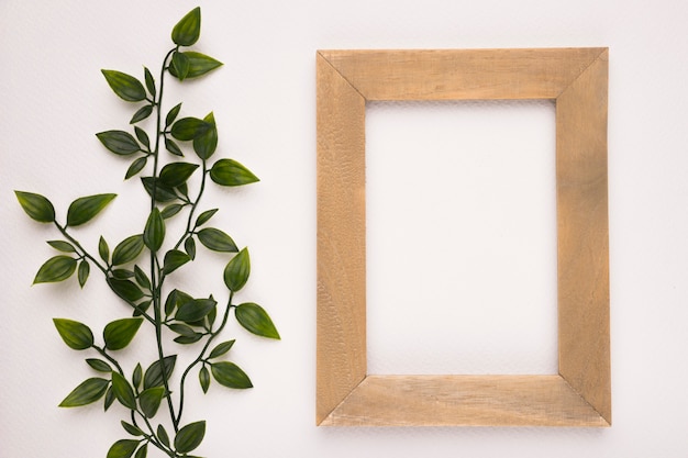 An artificial green plant near the wooden frame on white backdrop