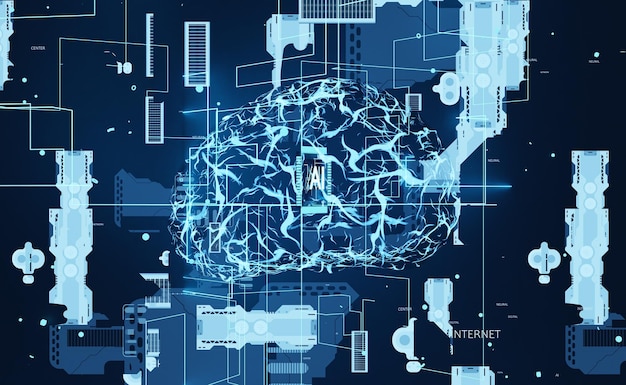 Free Photo artificial intelligence enabling computers to replicate human brain functioning. machine learning algorithms used to do computational operations based on data pattern recognition, 3d render animation