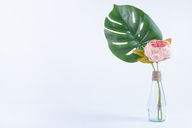 Artificial leaf and flowers in glass jar on white.