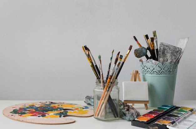 Artist props collection on table