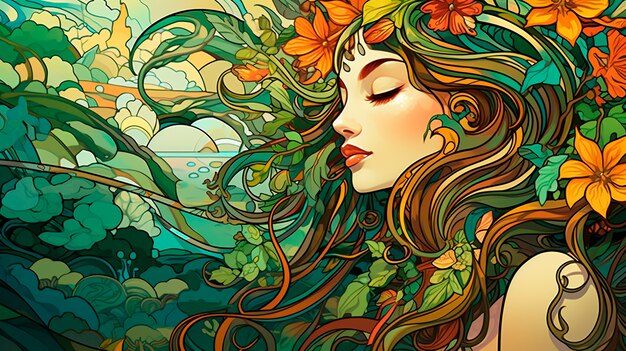 Artistic scene inspired by the art nouveau style with colorful depictions