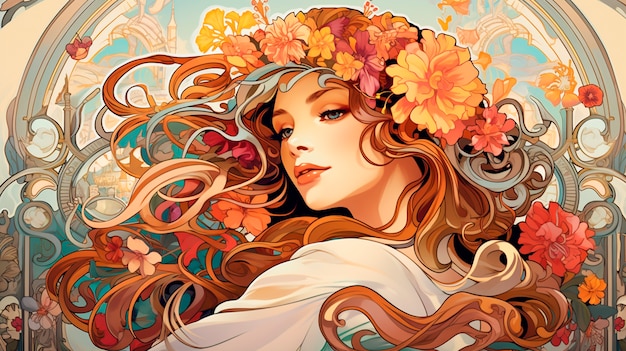 Artistic scene inspired by the art nouveau style with colorful depictions