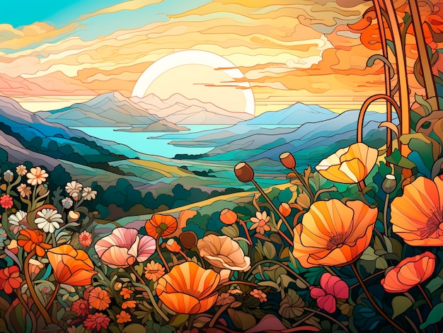 Artistic scene inspired by the art nouveau style with colorful depictions