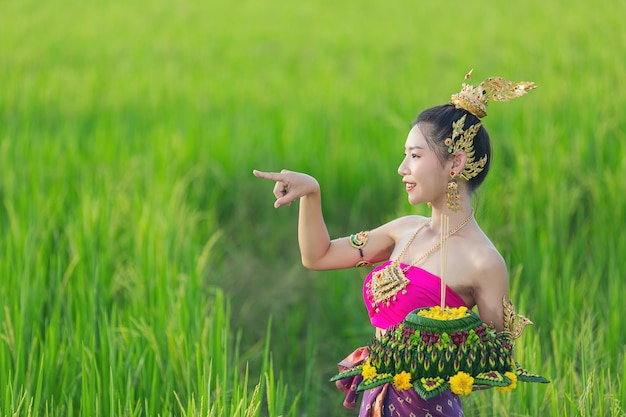 Asia woman in Thai dress traditional hold kratong. Loy krathong festival