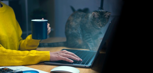 Free Photo asian businesswoman drinking coffee and using a laptop at his desk at night. working overtime concept.