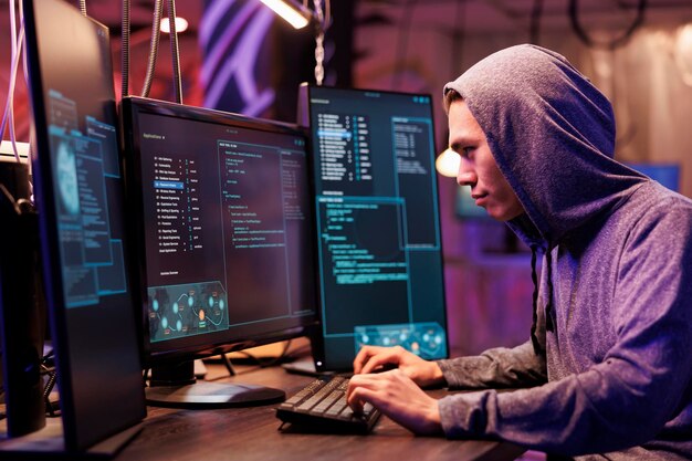 Asian criminal in hood hacking server and stealing data while committing online crime Young hacker running illegal malicious software code on computer screen for cracking password