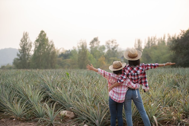 Asian female farmer see growth of pineapple in farm, Agricultural Industry Concept.