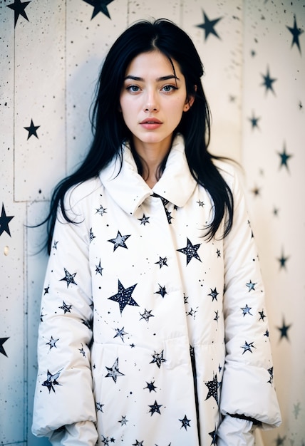 Asian girl wearing starred coat on starred wall