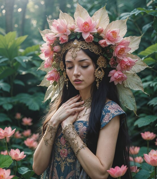 Asian girl with floral headdress in nature