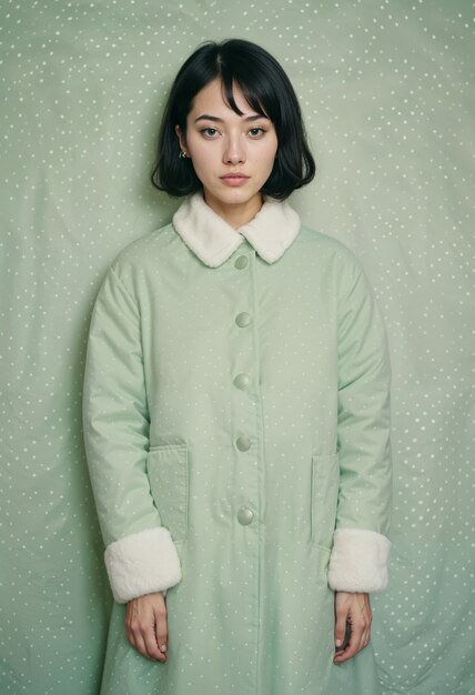 Asian girl with long green coat