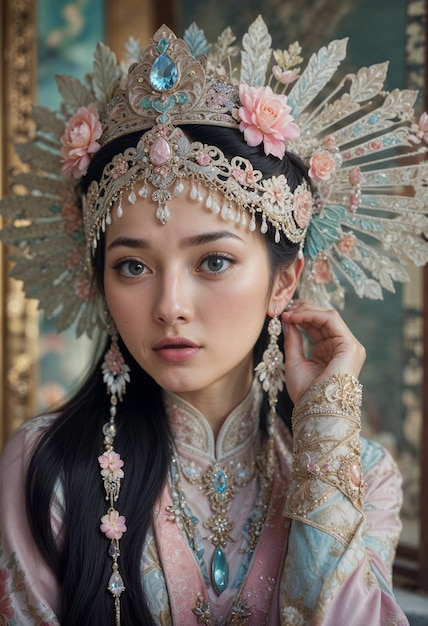 Free photo asian girl with luxurious crown and accessories