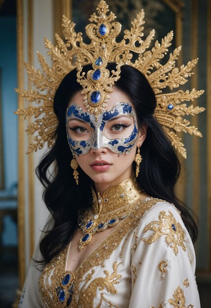 Asian girl with mask and crown at the palace