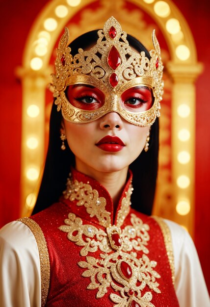 Asian girl with red makeup and mask