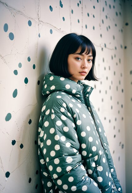 Asian girl with spotted coat on a spotted room