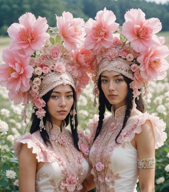 Asian girls with floral headdresses outdoors