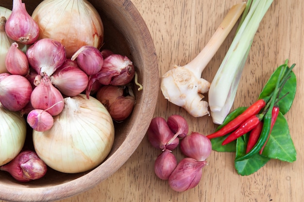 Asian hot and spicy food ingredient with onions in wooden bowl, flat lay, top view