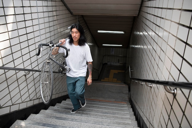 Asian man holding his bike