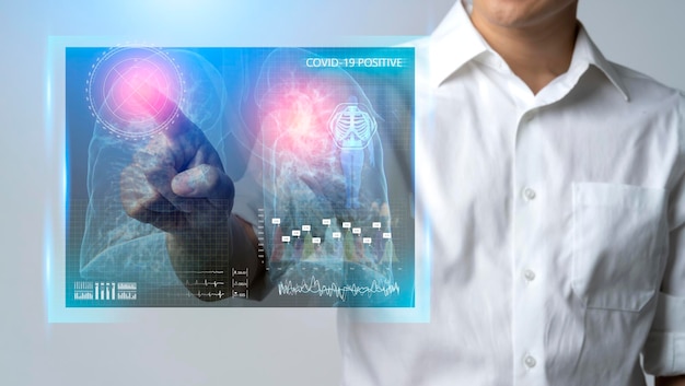 Asian reseacher check lung chest of covid19 patient xray report with positive result of infection detech corona virus outbreak epidemic analysis of effect from covid in human body test concept