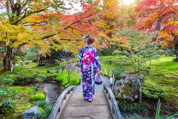 Asian woman wearing japanese traditional kimono in autumn park. Kyoto in Japan.