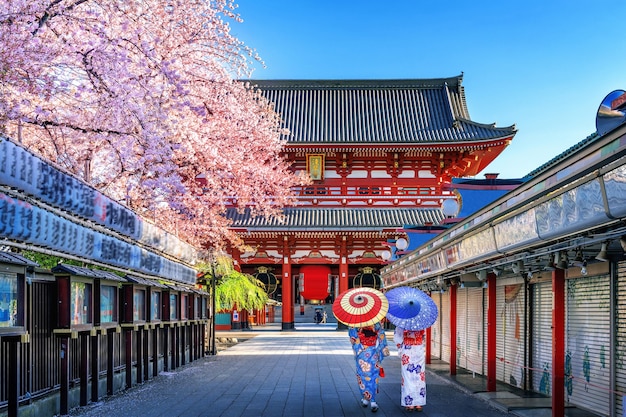 Asian woman wearing japanese traditional kimono at Temple in Tokyo, Japan.