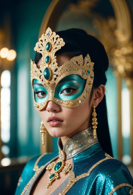 Asian woman with golden mask and aquamarine makeup