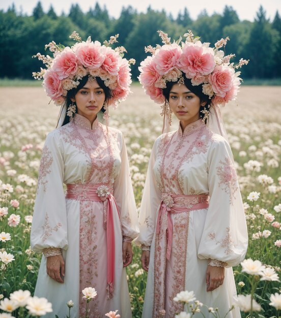 Asian women posing in a field