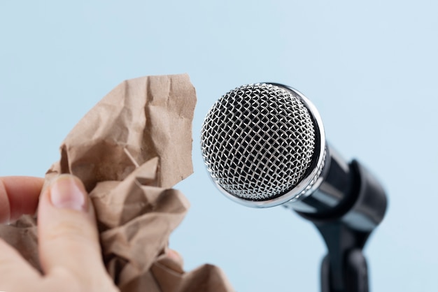 Free Photo asmr microphone with wrinkled paper for sound