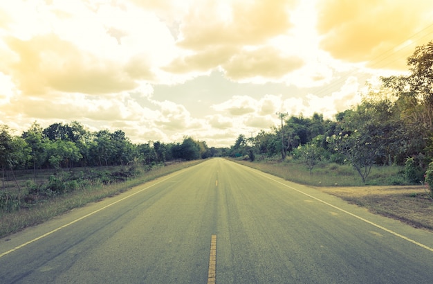 Asphalt road with trees in vintage style